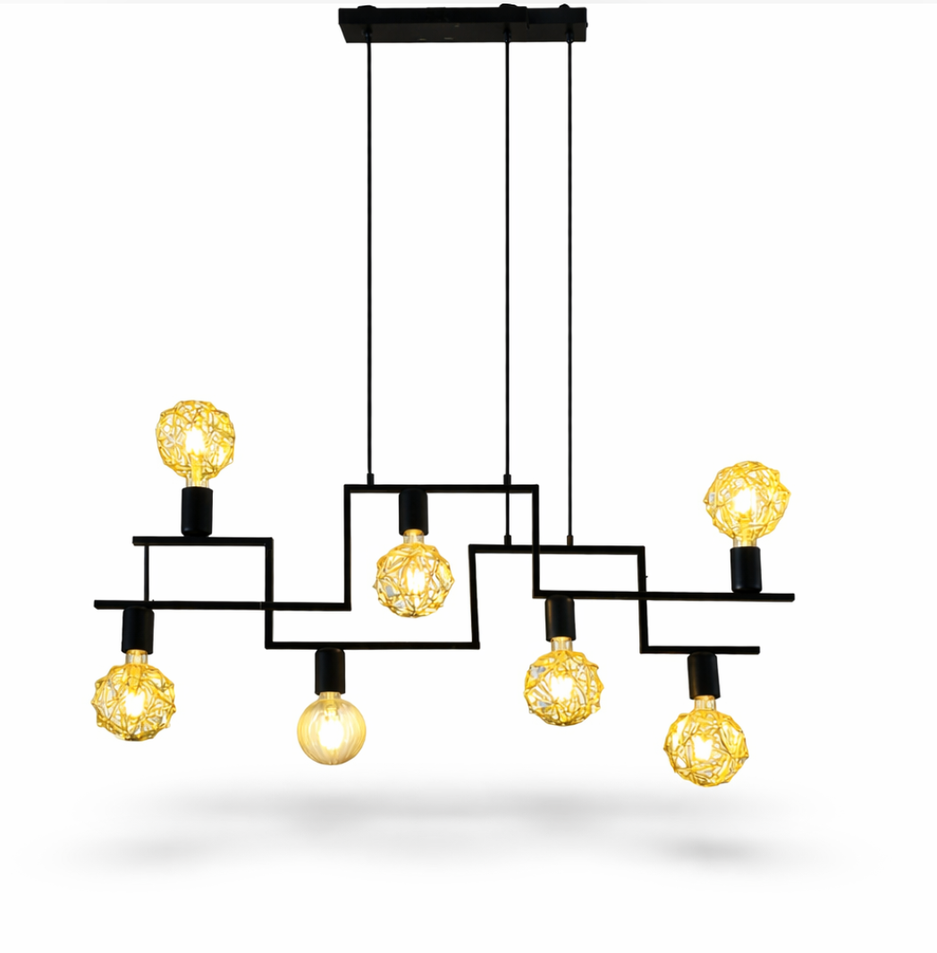 Black geometric pendant light with multiple warm golden bulbs, some featuring a decorative woven design.