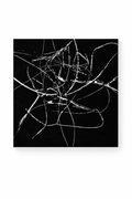 Black and white abstract art print featuring chaotic white strokes on a deep black background, presented at an angle.