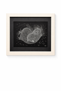 Mirlo artwork featuring intricate white line art forming intertwined organic shapes on a black background, framed in light wood with a black mat.