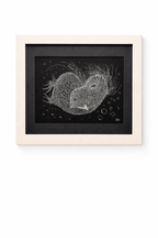 Mirlo artwork featuring intricate white line art forming intertwined organic shapes on a black background, framed in light wood with a black mat.