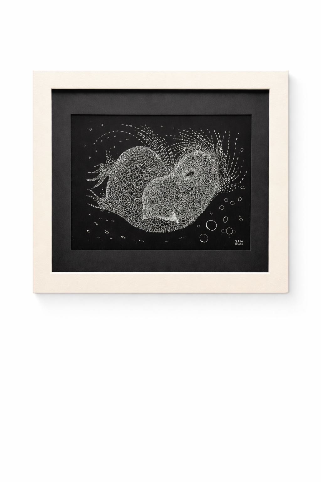 Mirlo artwork featuring intricate white line art forming intertwined organic shapes on a black background, framed in light wood with a black mat.