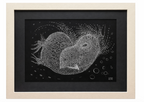 White intricate line artwork of an organic creature on a black background, framed in cream with a black mat, signed 'SAM GLAS'.