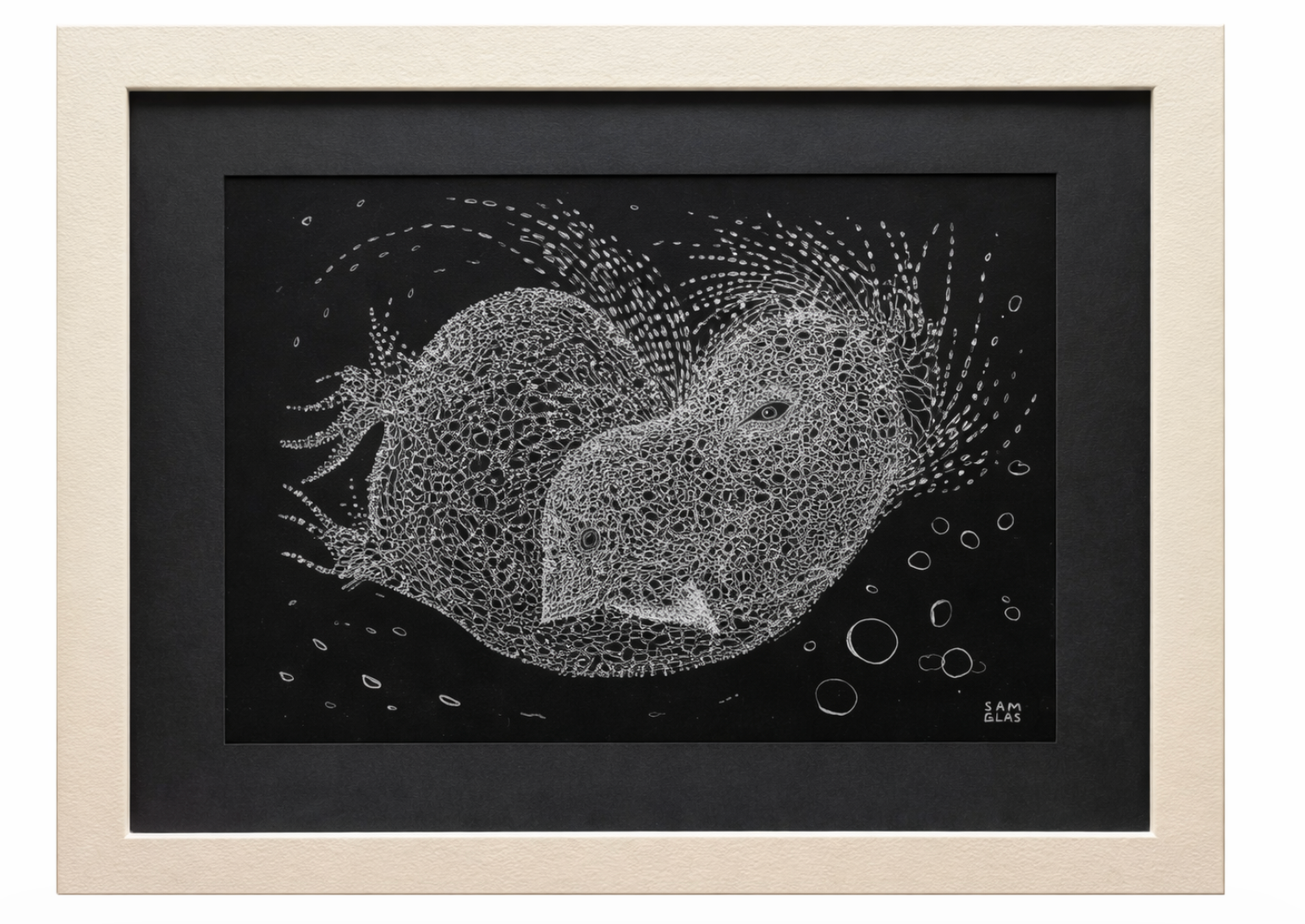 White intricate line artwork of an organic creature on a black background, framed in cream with a black mat, signed 'SAM GLAS'.
