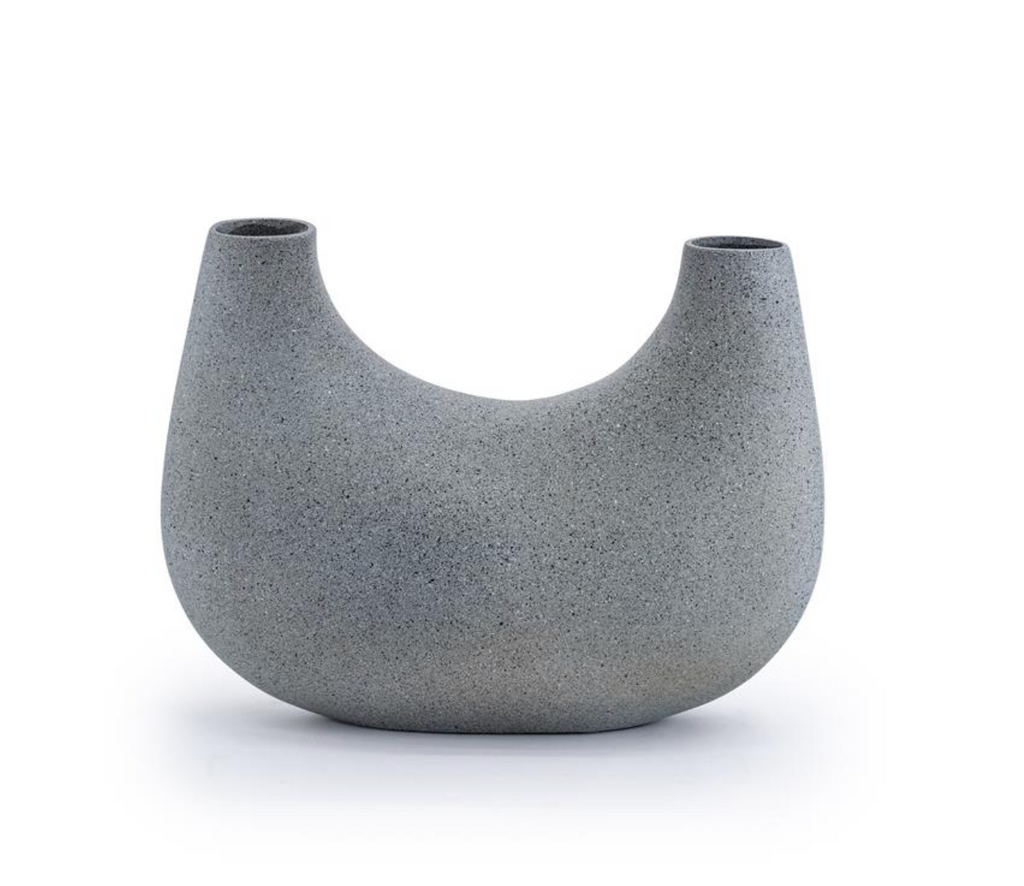 Small gray textured vase with a unique U-shape and two openings.