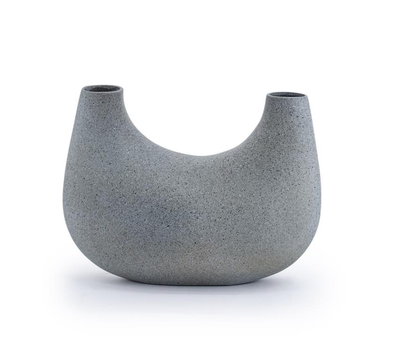 Small gray textured vase with a unique U-shape and two openings.