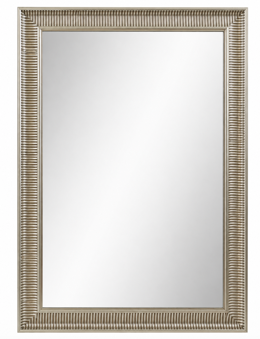 Rectangular silver mirror with a textured frame featuring horizontal ribbed details.