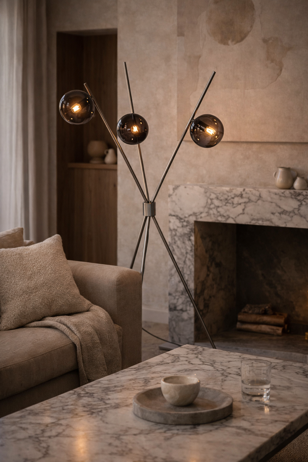 Neruda Floor Lamp with a dark metal cross-legged frame and three smoky glass globes emitting a warm glow in a living room.
