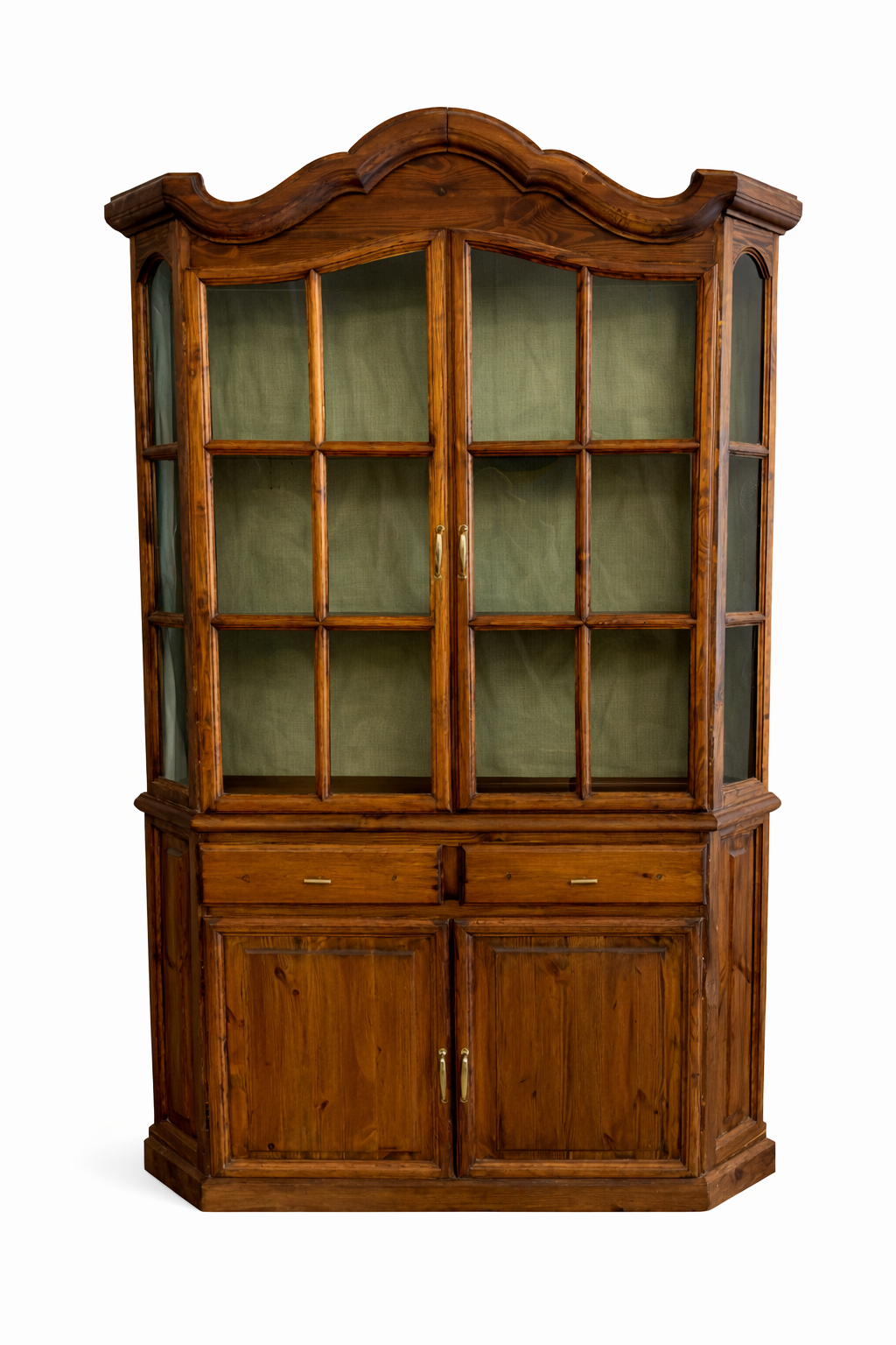 Dark brown wooden display cabinet with a curved top, glass-paned doors backed by green fabric, two drawers, and two solid lower doors.