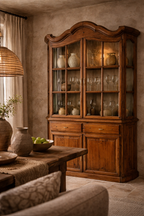 Wooden display cabinet with glass-fronted doors displaying vases and wine glasses, and solid lower doors, in a rustic setting.
