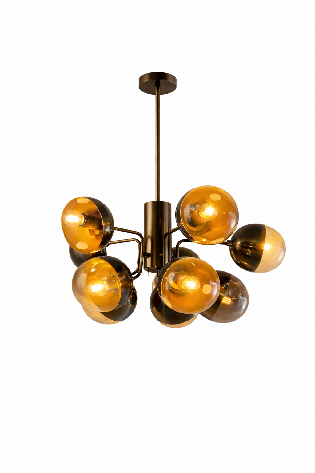 Orbit Pendant Lamp with bronze frame and multiple amber glass globes, some half-metallic, with visible lit bulbs.
