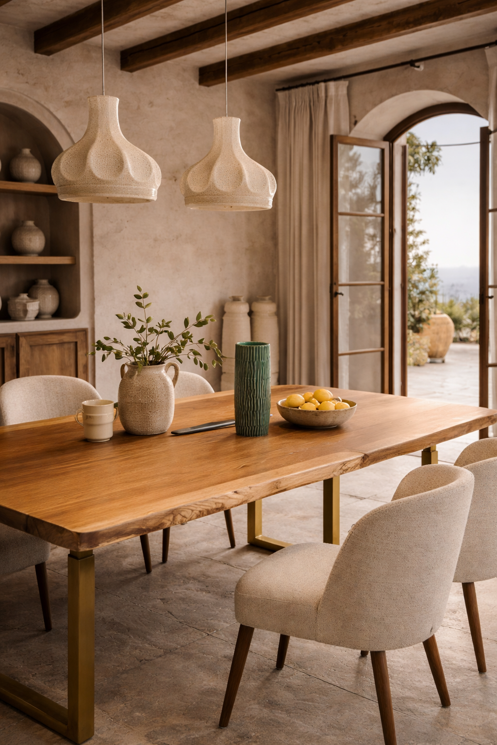 Oros natural wood dining table with a live edge top and gold metal legs.