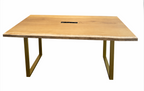 Oros wood table with a light, natural live edge top and golden U-shaped metal legs, shown from a front angle.