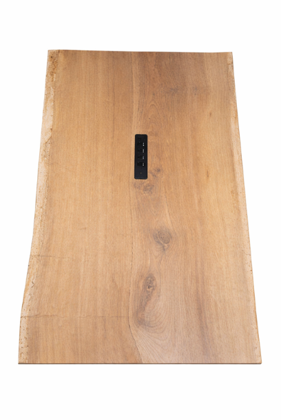 Light brown wood table with natural live edges, visible grain, and an embedded black control panel.