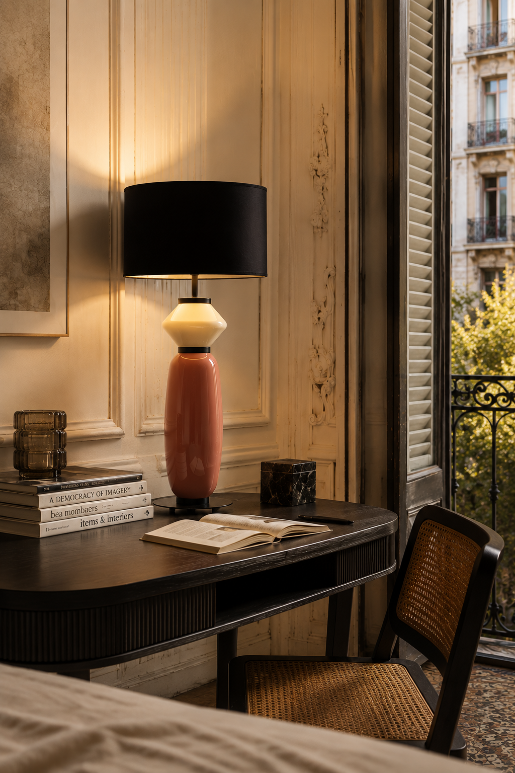 Modern table lamp with black shade on dark desk, beside books and cane chair, in elegant room with window view