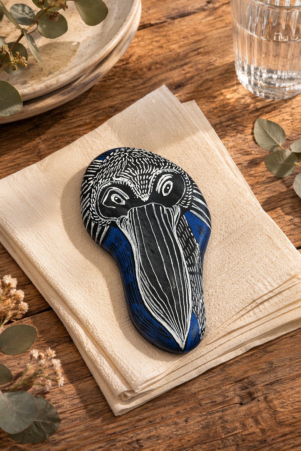 Black, white, and blue painted Pelican Art Stone with intricate abstract lines, resting on folded beige napkins.