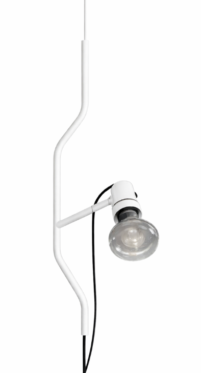 White metal wall lamp with a curved frame, adjustable arm, visible black cable, and exposed clear glass bulb.
