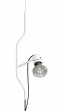 White metal wall lamp with a curved frame, adjustable arm, visible black cable, and exposed clear glass bulb.