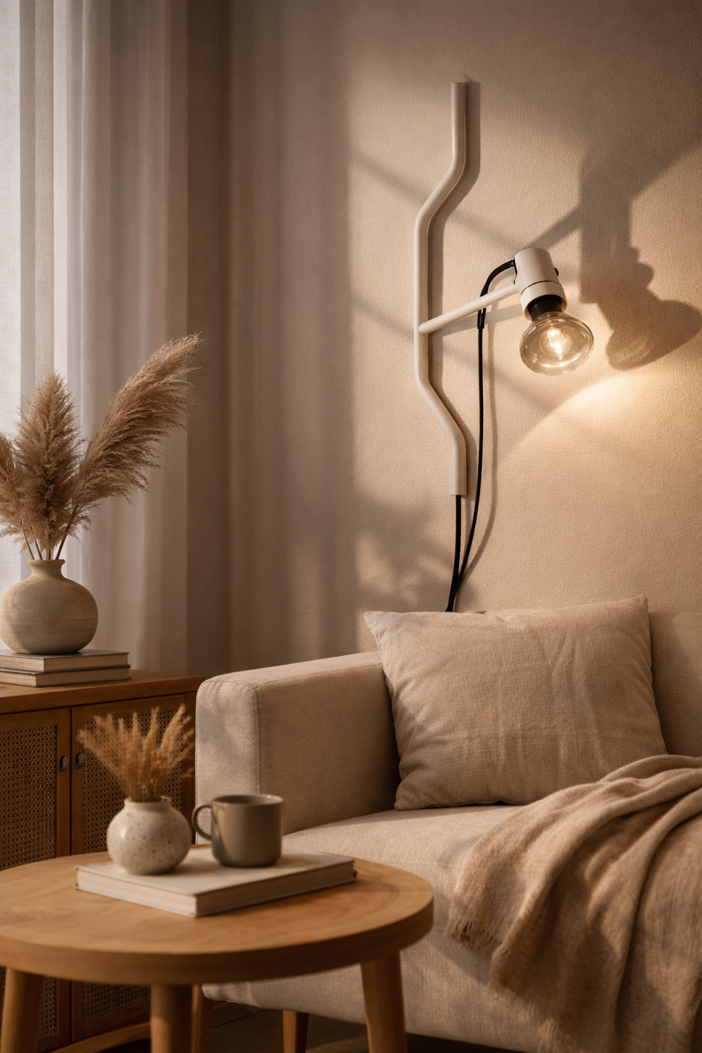 White Perter Wall Lamp with a curved frame, exposed warm bulb, and black cord, mounted on a light beige wall.