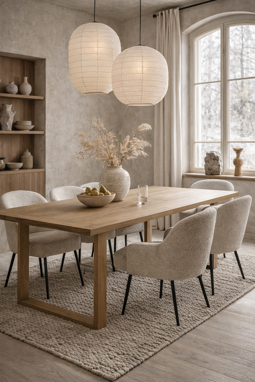 Custom made wooden dining table with a light wood rectangular top and sturdy legs, styled in a minimalist dining room with textured chairs and decor.