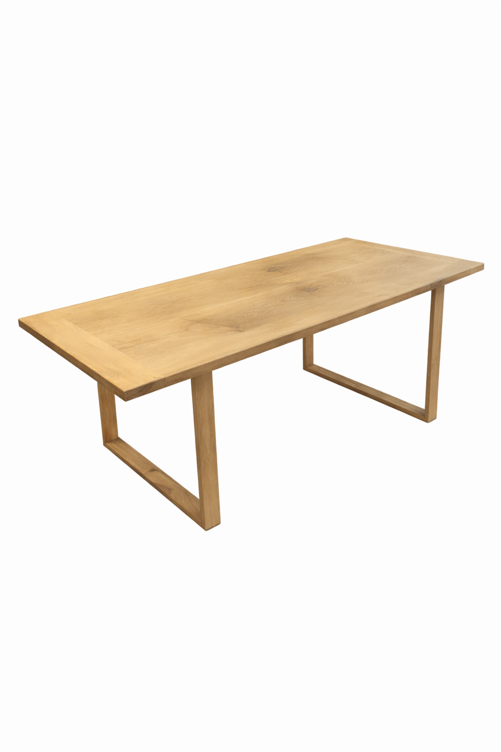 Light natural wood rectangular table with two V-shaped leg bases.