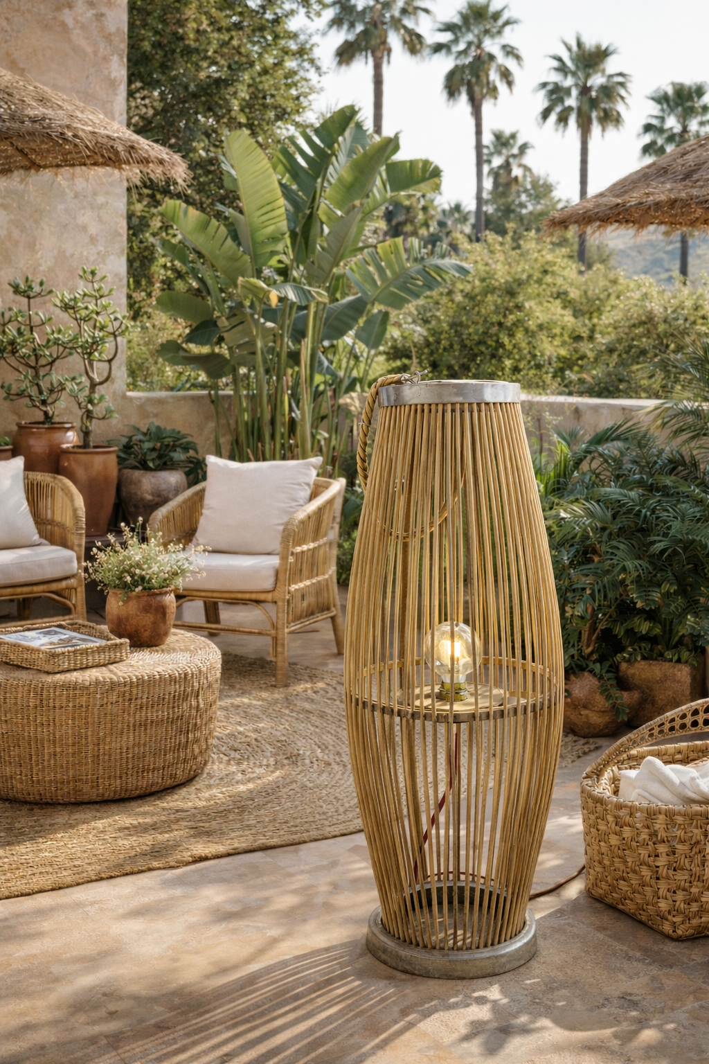 Tall raffia floor lamp with vertical slats and an exposed glowing bulb, standing on a stone patio in an outdoor tropical setting.