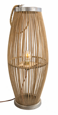Rafia floor lamp made of vertical natural wood sticks, with a metal top, rope handle, and an exposed glowing bulb.