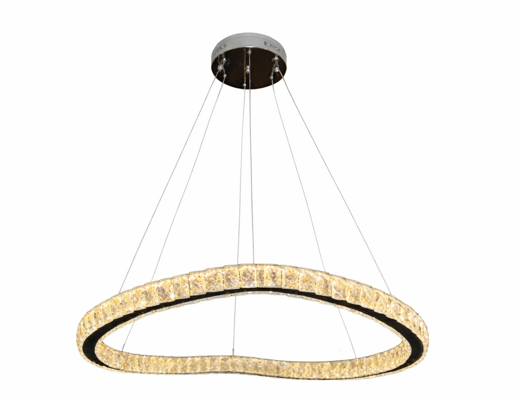 Golden crystal ring chandelier lamp, oval-shaped, hanging from a silver ceiling canopy by thin wires.