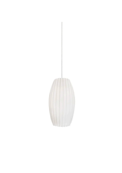 White hanging lamp with an elongated oval shape and vertical pleats, suspended from a white cord.