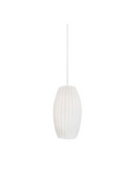 White hanging lamp with an elongated oval shape and vertical pleats, suspended from a white cord.