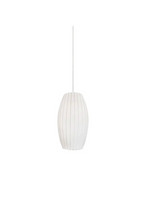 White hanging lamp with an elongated oval shape and vertical pleats, suspended from a white cord.