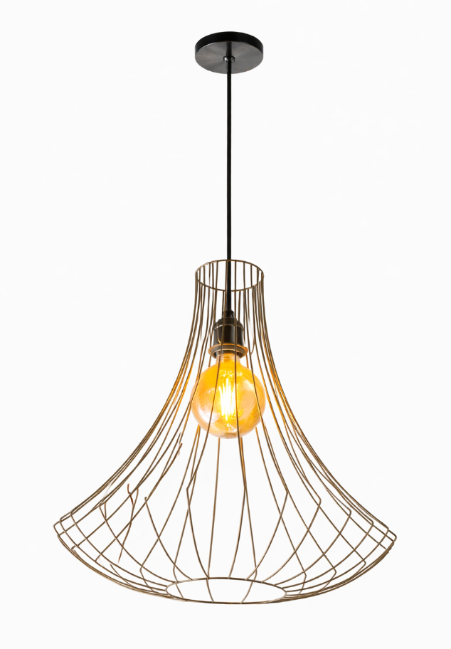 Gold metal wireframe Schem pendant lamp with an inverted bell shape and a glowing amber Edison bulb, hanging from a black cord.