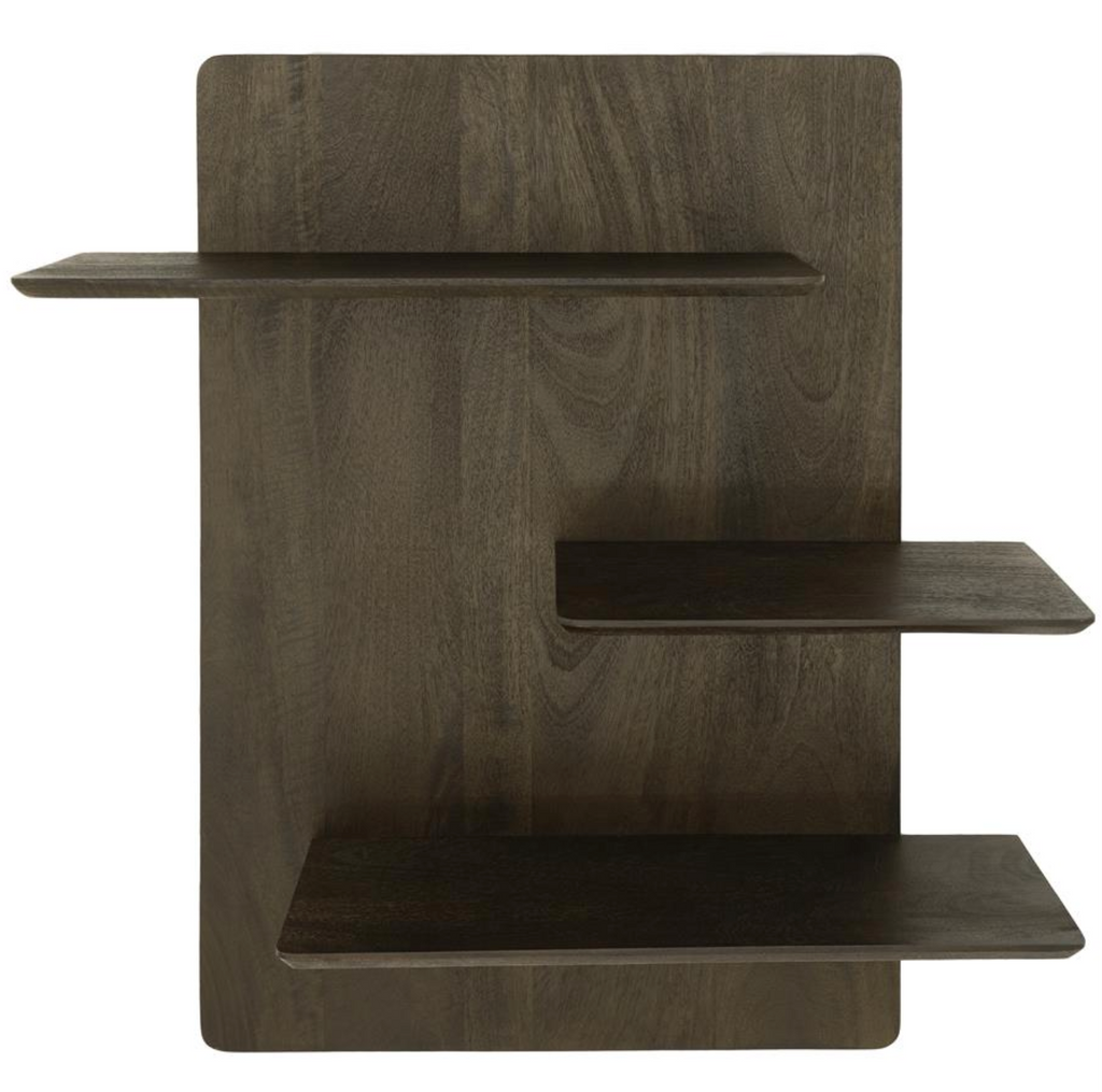 Dark brown wood display shelf by Seco, with three staggered shelves and rounded corners.