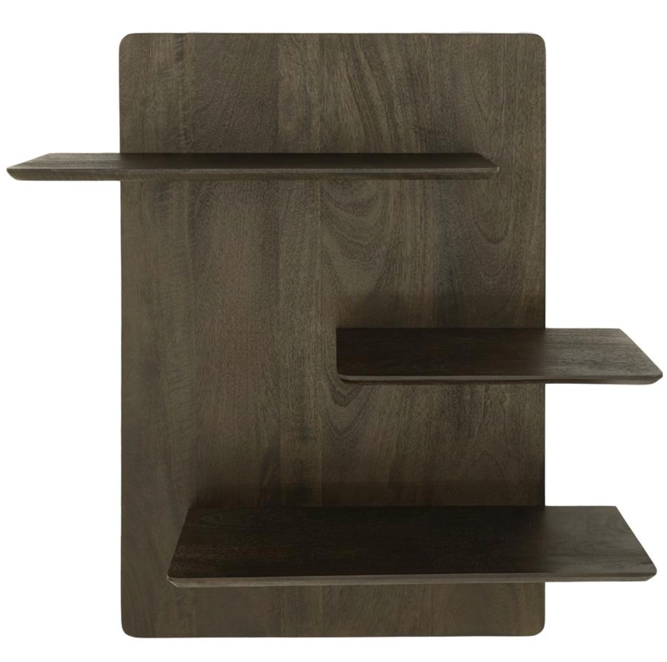 Dark brown wood display shelf by Seco, with three staggered shelves and rounded corners.