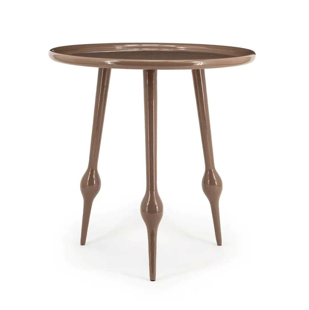 Glossy taupe side table with a round tray top and three slender legs featuring distinctive bulbous shapes.