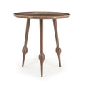Glossy taupe side table with a round tray top and three slender legs featuring distinctive bulbous shapes.