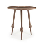 Glossy taupe side table with a round tray top and three slender legs featuring distinctive bulbous shapes.