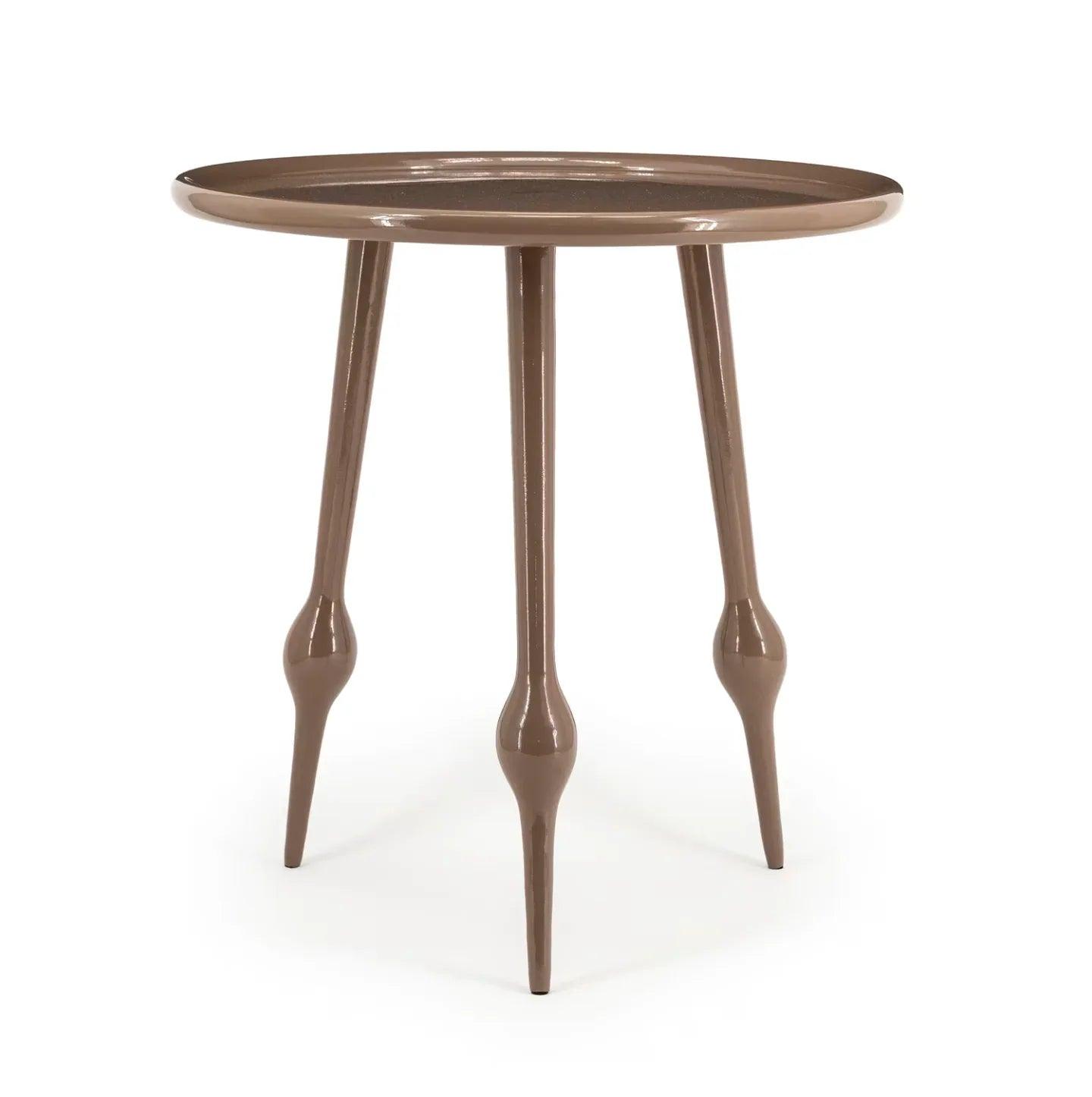 Glossy taupe side table with a round tray top and three slender legs featuring distinctive bulbous shapes.