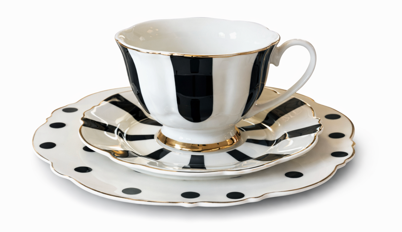 A layered black and white striped tea cup and saucer set with gold trim and a polka-dotted bottom plate.