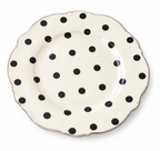 Dame Layered Tea Cup Set saucer, white with black polka dots and a scalloped gold rim.