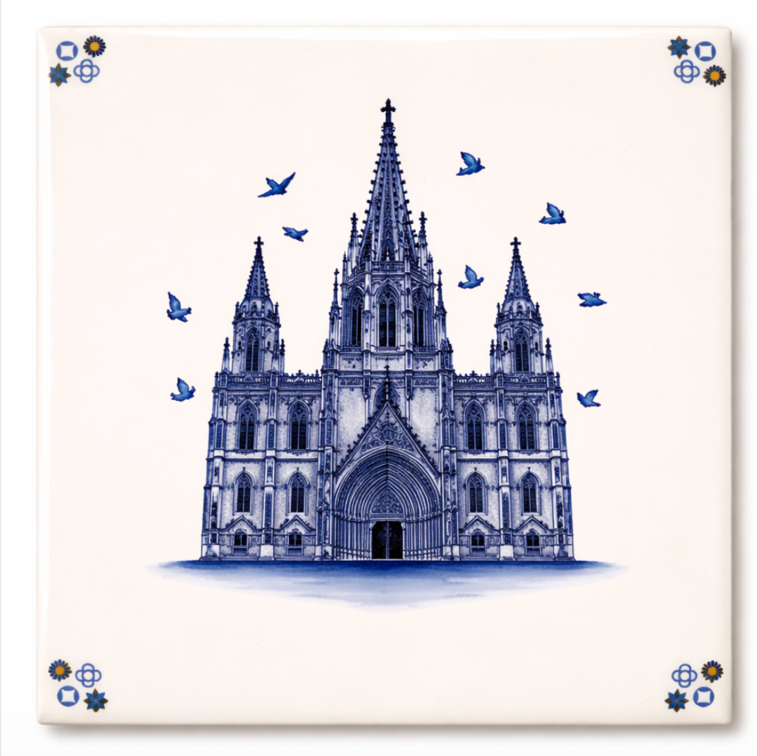 Square ceramic tile with blue and white design featuring a gothic cathedral, flying birds, and decorative corner patterns.