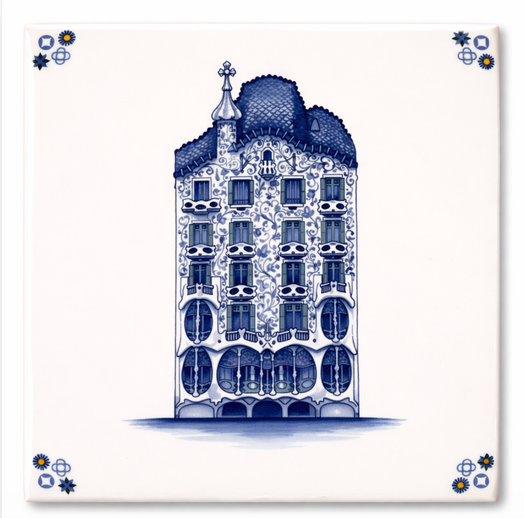 White ceramic tile featuring a blue and green illustration of an ornate, whimsical building with decorative corner motifs.