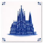 Blue and white ceramic tile featuring a detailed illustration of Sagrada Familia and small corner motifs.