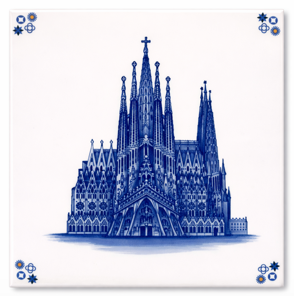 White ceramic tile with a detailed blue illustration of Sagrada Familia and corner decorative motifs.