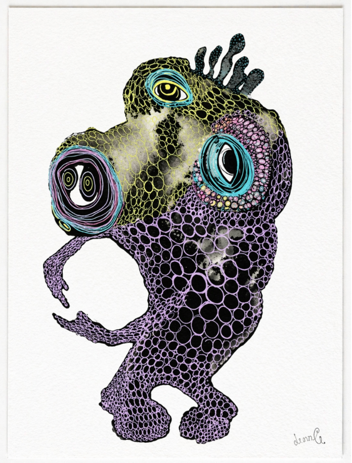 Whimsical abstract creature art print with vibrant eyes and textured patterns for unique wall decor