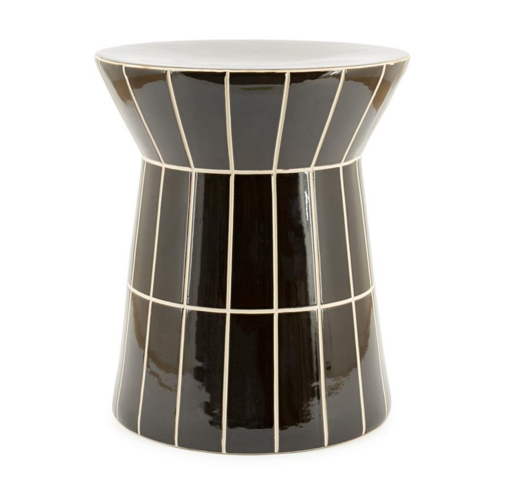 Brown side table by TileTastic, with a shiny dark tiled surface and white grid pattern.