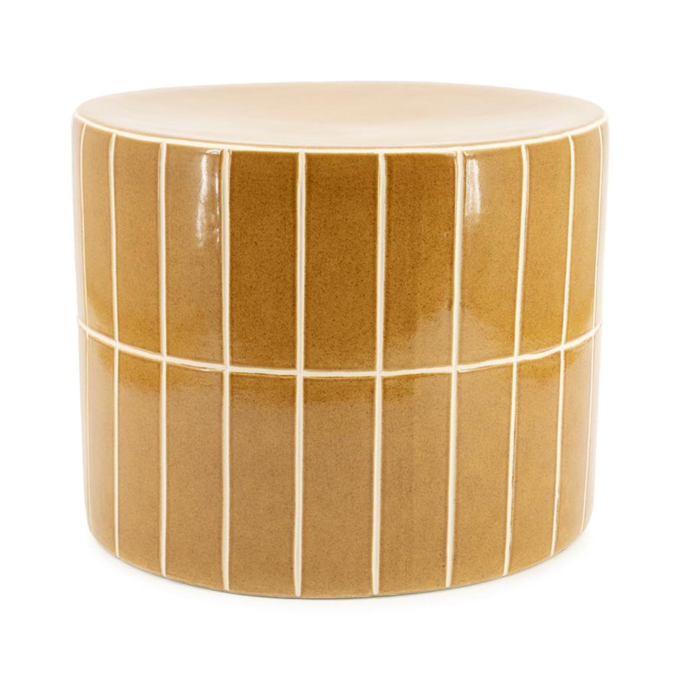 Mustard side table by TileTastic, with a cylindrical shape and vertical rectangular tiles separated by white grout lines.
