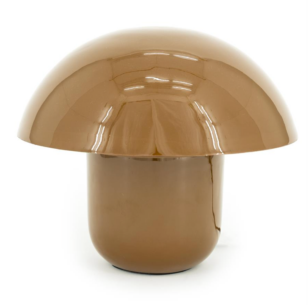 Brown mushroom-shaped table lamp with a glossy finish and a minimalist design.