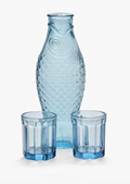 Light blue glass fish jug set featuring a fish-shaped pitcher with scales and two faceted glasses.