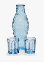 Light blue glass fish jug set featuring a fish-shaped pitcher with scales and two faceted glasses.