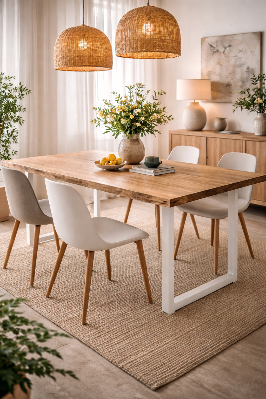 Live Edge Wood Dining Table with White Frame, surrounded by light chairs on a textured jute rug in a dining room.